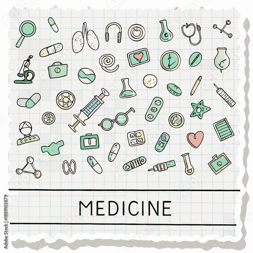Colorful doodle icons representing various medical tools and health concepts