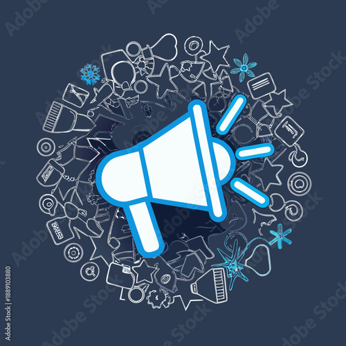 A blue megaphone icon surrounded by various white communication symbols