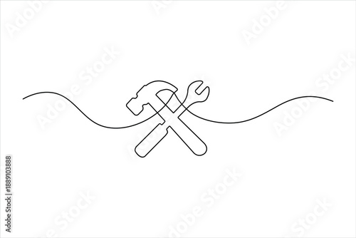 Minimalist one-line art of a crossed hammer and wrench with a centered screwdriver. Elegant industrial tools icon for repair and construction.