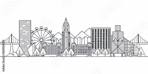 Linear cityscape illustration featuring iconic buildings and a ferris wheel