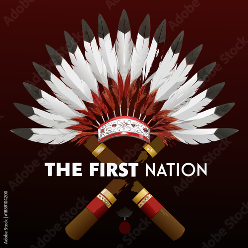 Native american headdress with crossed tomahawks and text overlay