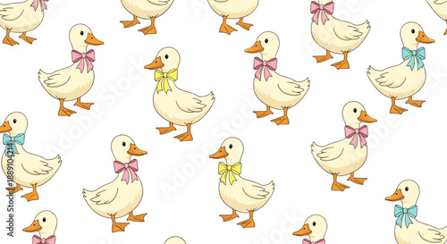 Cute Cartoon Ducks Pattern Design with Colorful Bows for Children's Decor and Baby Shower Themes: Cheerful fowl vector repeat textile print brings a whimsical and fun aesthetic.