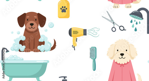 Adorable Dog Grooming Illustrations: Playful pets getting pampered with a bath, haircut, and blow dry at a pet salon, showcasing cute cartoon animals in a spa setting for grooming.