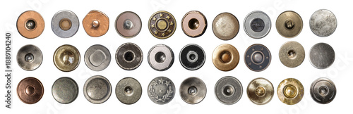 Assorted jean buttons and rivets with transparent background