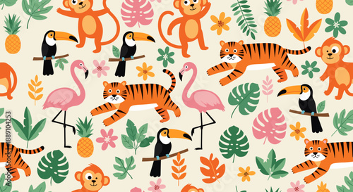 Tropical Wildlife Pattern Design with Tigers, Monkeys, Toucans, and Flamingos Amidst Lush Exotic Foliage, Offering a Vibrant Jungle Theme Perfect for Children's Decor, Textiles,.