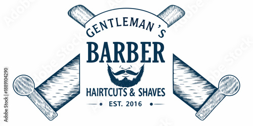 Vintage barber shop sign with crossed razors and mustache illustration