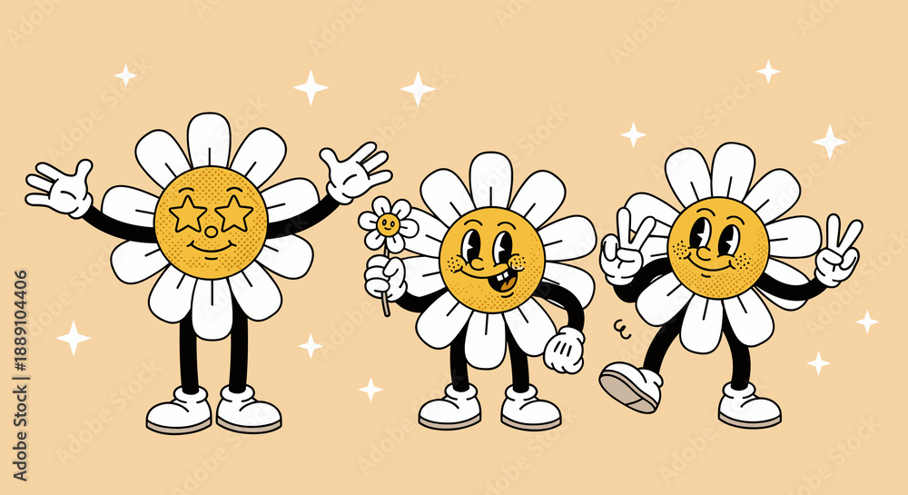 Naklejka premium Retro Flower Cartoon Characters Celebrate with Style: Groovy daisy mascots expressing joy and peace in a whimsical vintage design that evokes nostalgia and happiness, perfect for b.