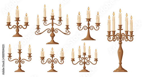 Ornate Candelabras Holding Candles in Various Styles Illuminate Darkness: Vintage-inspired design perfect for elegant events, historical themes, Victorian decor, and dramatic light.