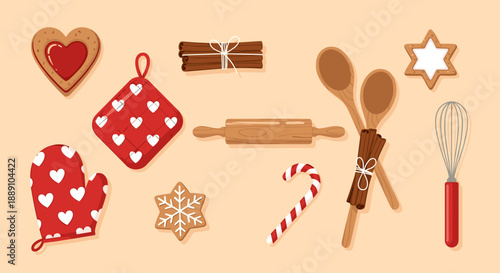 Festive Baking Preparation with Heart and Star Cookies, Rolling Pin, Whisk, Spoons, Cinnamon, and Oven Mitt Creates a Warm, Inviting Holiday Kitchen Scene for Creative Cooking Proj.