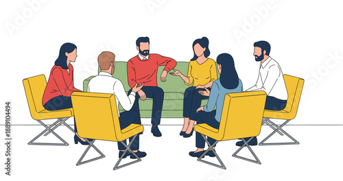 Group discussion and teamwork illustration showing colleagues sitting in chairs, sharing ideas, collaboration, communication, and professional meeting in flat vector style