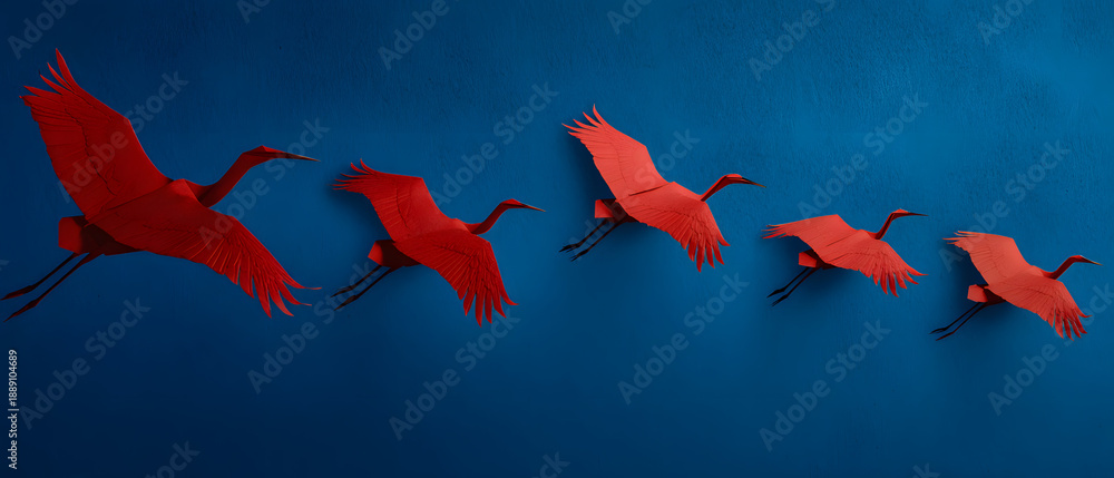 Obraz premium Blue paper cranes arranged in a pattern on a solid background for creative design minimalist style