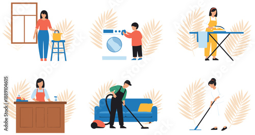 Household chores and home cleaning illustration set showing laundry, ironing, cooking, vacuuming, and daily domestic work in flat vector style