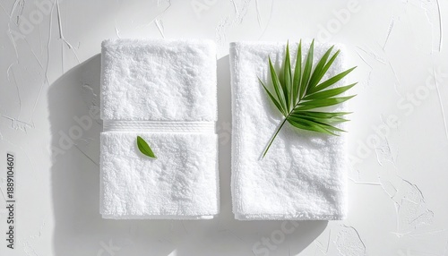 Fluffy white folded towels with a green leaf and palm frond against a textured white backdrop