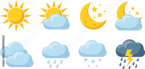 Weather icon set with sun, clouds, moon, rain, snow and thunderstorm symbols for forecast app design