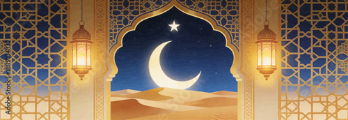 Magical Desert Night with Golden Islamic Archway and Crescent Moon