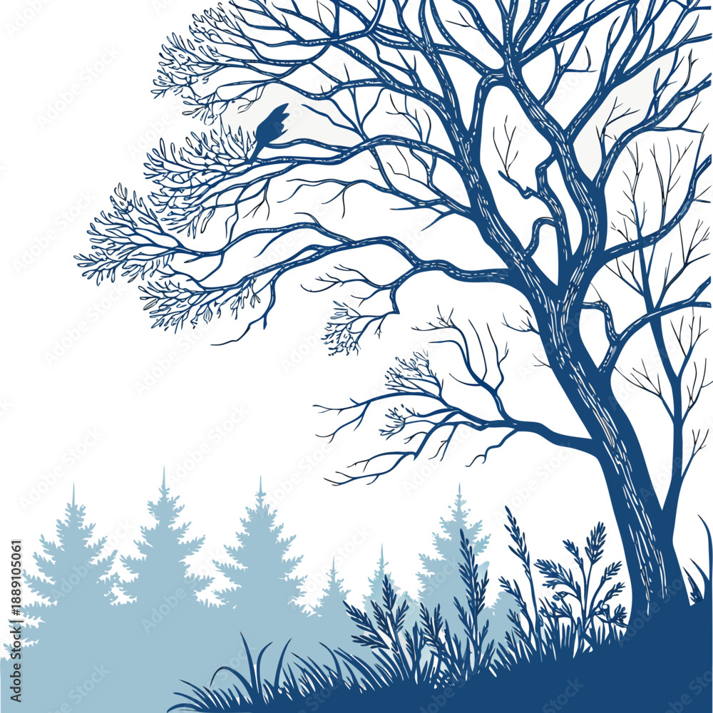Obraz premium Winter tree silhouette with bird