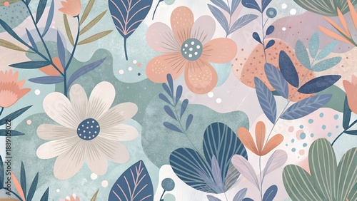 Pastel Floral Pattern With Textured Background And Abstract Botanical Elements