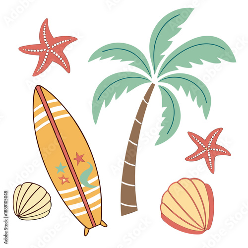 Tropical beach scene with surfboard and palm trees