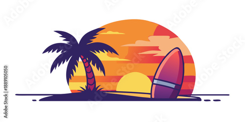 Sunset at the beach with surfboard