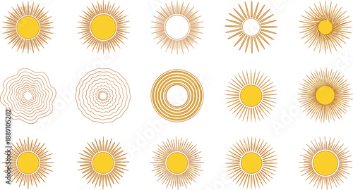 Abstract sunburst circle collection with golden radiant rays, modern boho sunshine shapes for summer design elements
