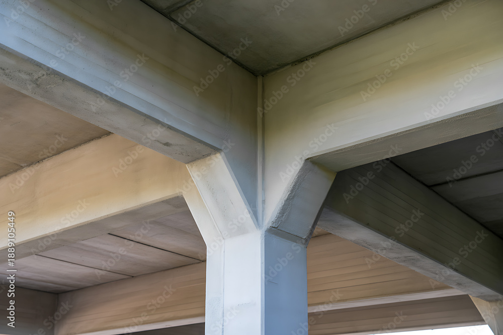 Fototapeta premium Concrete support beams and ceiling in an architectural structure, suggesting construction, engineering, and modern design.