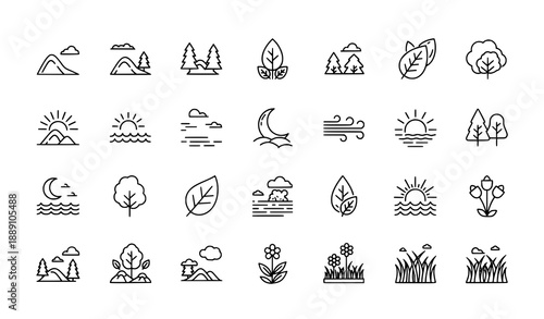 Minimal Monoline Nature Icons Set with Outdoor and Environmental Symbols Vector