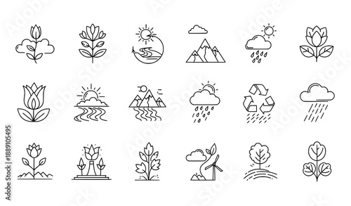 Abstract Nature Line Icon Collection with Botanical and Environmental Outline Elements