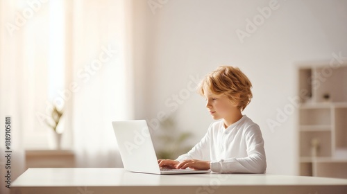 Wallpaper Mural Child working on a laptop while sitting at a desk in a bright home interior with daylight, calm domestic learning and technology use. Torontodigital.ca