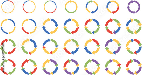Colorful circular arrow cycle set with rotating loop symbols for process, refresh, workflow and infographic design
