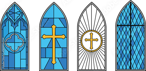 Christian Stained Glass Window Vector Set with Cross Symbols and Church Architecture Elements for Religious Designs Posters Prints and Worship Media