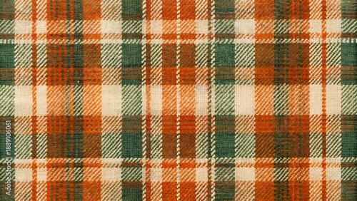 Rustic Plaid Fabric Texture with Orange Green and Cream Stripes Detailed Weave Pattern