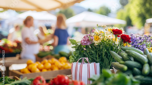 Vibrant Farmers Market Bustling With Shoppers and Fresh Produce as Spring Blooms Surround Colorful Stalls
