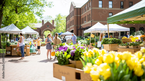 Vibrant Spring Farmers Market Bustling With Shoppers Enjoying Fresh Produce and Handmade Goods