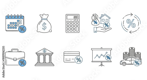 Financial planning icons depicting money investments banking real estate and business growth concepts in a minimalist style