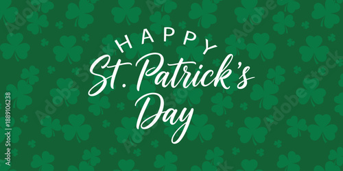 Happy st patricks day typography on green patterned background with repeating shamrock and clover silhouettes for festive irish holiday greeting card