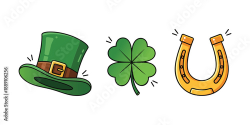Saint patricks day elements with four leaf clover green leprechaun hat and golden lucky horseshoe for irish festival theme