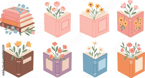 Cute book and flower illustration set with pastel open books and botanical spring reading clipart collection