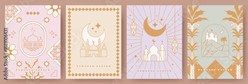 Ramadan Kareem holiday cover set. Islamic greeting card, banner, poster template. Arabic style. Modern beautiful design in pastel colors and golden elements, mosque, moon crescent, geometric pattern.