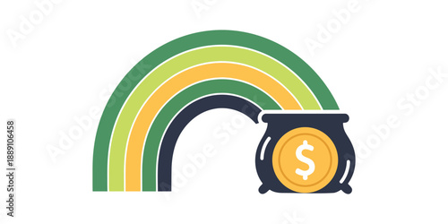 Flat design rainbow with pot of gold and dollar coin symbol for st patrick's day luck and financial success wealth concept illustration