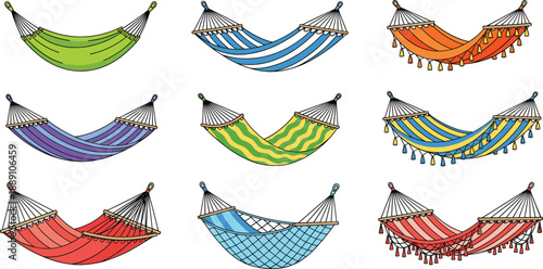 Colorful hammock illustration set with striped hanging loungers for summer vacation, camping and relaxing outdoor design