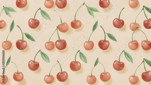 Seamless Pattern of Ripe Red Cherries with Green Leaves on a Textured Beige Background