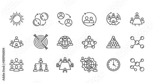 Collection of minimalist line icons depicting various concepts like strategy planning time and global networking