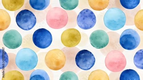 Seamless Watercolor Polka Dot Pattern Blue Pink Yellow Green Orange Circles on White Background