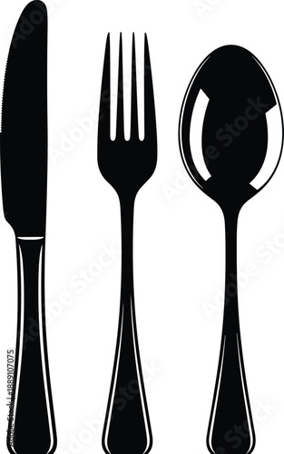 Black Cutlery Silhouette Vector Illustration with Knife, Fork, and Spoon Set for Restaurant Menu, Kitchen Decor, and Dining Designs.