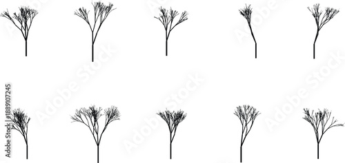 A collection of ten abstract minimalist branching structures arranged in a grid pattern on a white background