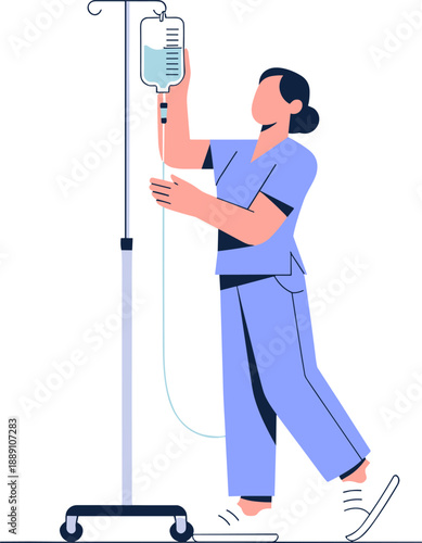 Nurse adjusting IV fluid bag, hospital procedure, healthcare worker in scrubs, medical care, intravenous therapy, patient support, clinical setting, mobile IV stand
