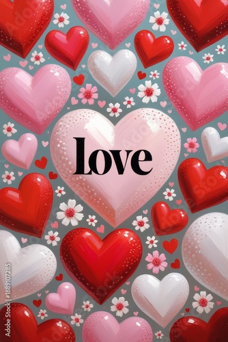 Warm decorative love-themed artwork with textured hearts and soft pink floral accents
