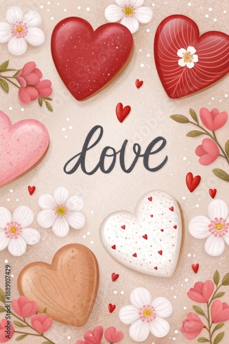 Affectionate hearts and delicate flowers in soft tones for romantic holiday backgrounds