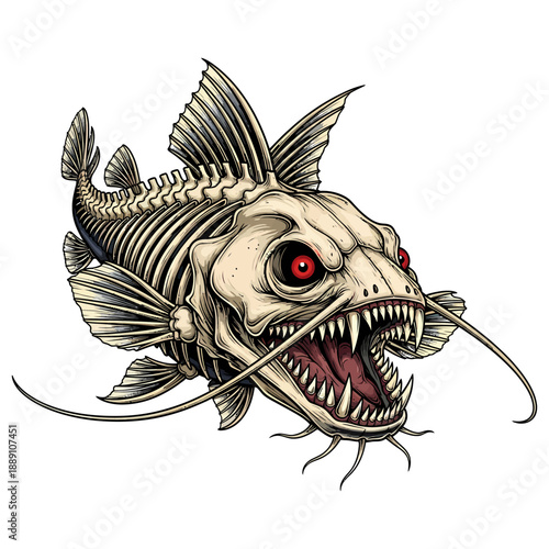 Skeleton catfish with red eyes and sharp teeth on white background for tattoo or mascot design
