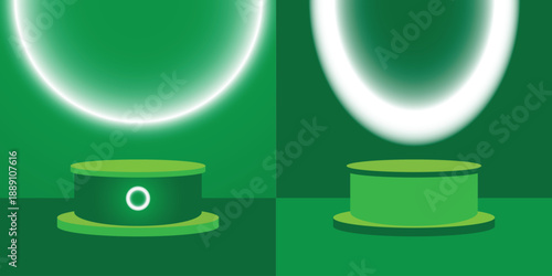 Futuristic neon podium scene template for product presentation with abstract geometric backdrop, realistic modern pedestal mockup vector